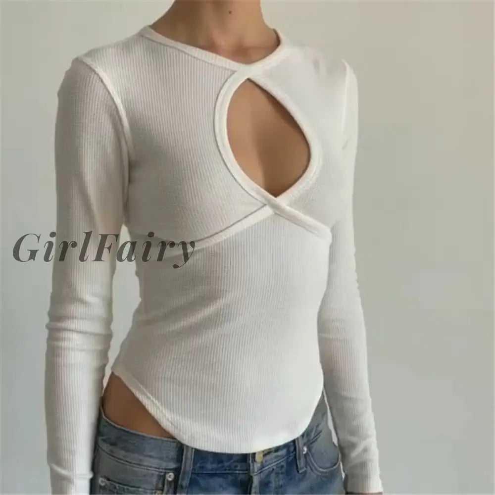Girlfairy Chic Long Sleeve Cut Out Elegant Womens Tops T-Shirts Autumn Knit White Basic Top Tee