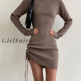Girlfairy Chic Ruched Ribbed Dress For Women Long Sleeve Drawstring Lace Up Party Sexy Bodycon