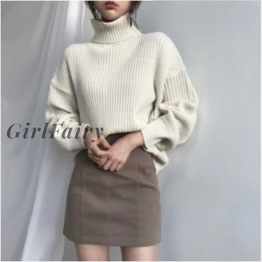 Girlfairy Chic Solid Color High Neck Pullover Womens Sweater Autumn And Winter Lazy Casual