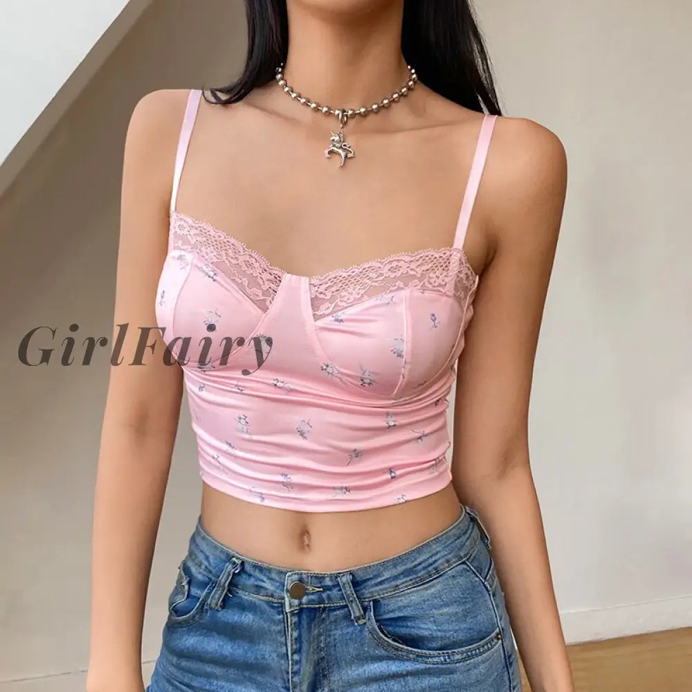 Girlfairy Chic Strap Aesthetic Milkmaid Crop Top Lace Trim Sweet Floral Print Summer Tops Camis