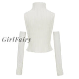 Girlfairy Chic Women Knitted Vest With Sleeve Turtleneck Crop Top Autumn Spring Sweater Y2K