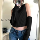 Girlfairy Chic Women Knitted Vest With Sleeve Turtleneck Crop Top Autumn Spring Sweater Y2K