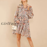 Girlfairy Chiffon Loose Flowers Print Dress For Women Long Sleeve Winter Casual Ruffle Lace-Up