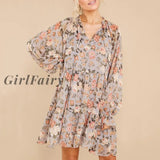 Girlfairy Chiffon Loose Flowers Print Dress For Women Long Sleeve Winter Casual Ruffle Lace-Up