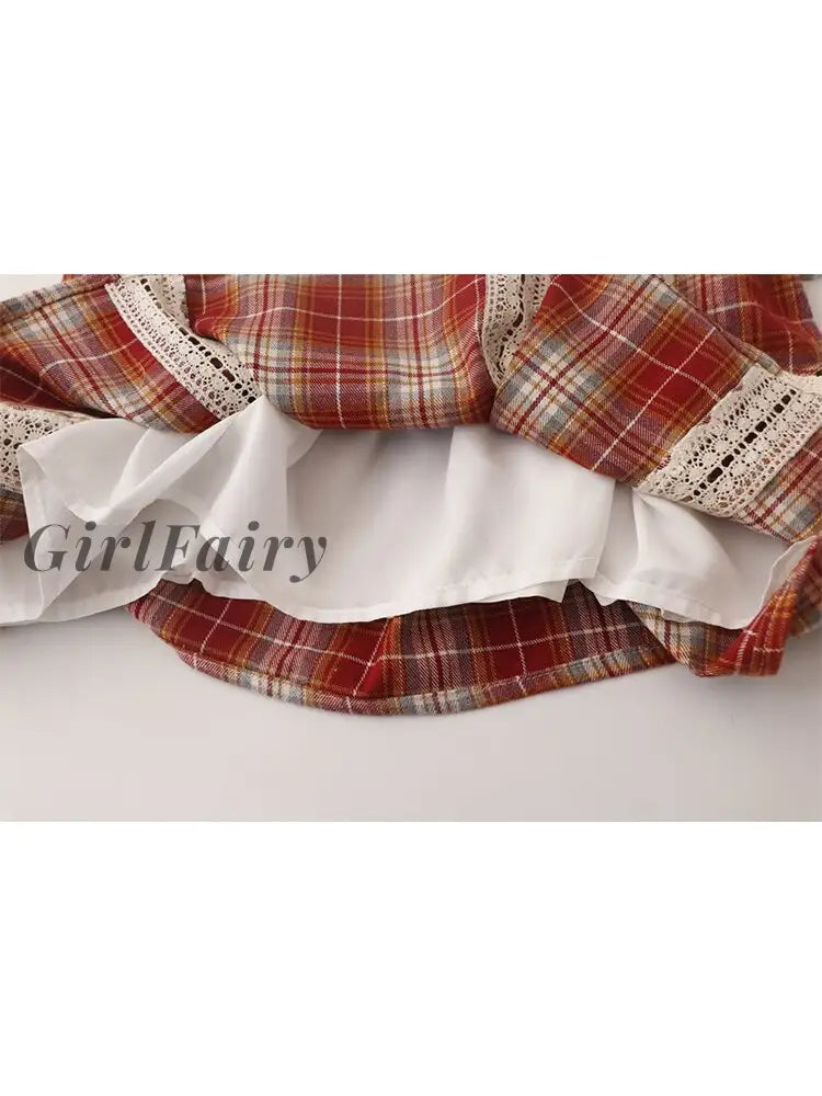 Girlfairy Classic Retro Plaid Design Women New Suspender Lace Patchwork Pleated Shirt Female Tie Up