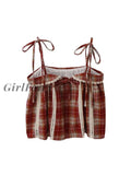 Girlfairy Classic Retro Plaid Design Women New Suspender Lace Patchwork Pleated Shirt Female Tie Up