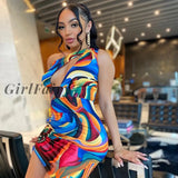 Girlfairy Colorful Printed Drawstring Mini Dress Women Sexy Hollow Out Halter Ruched Bodycon Dresses