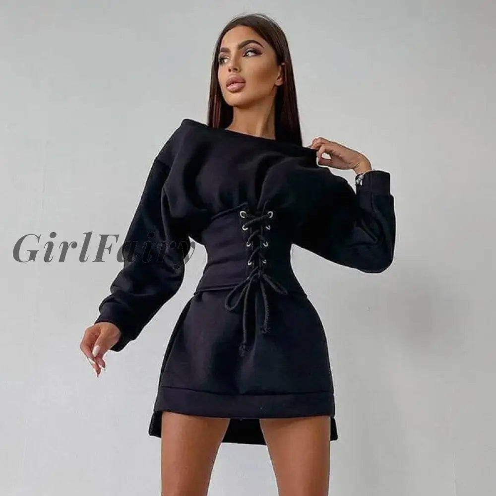 Girlfairy Corsets Hoodies Dress For Women Lace Up Slash Neck Casual Workwear Office Lady Drawstring