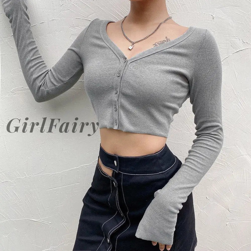 Girlfairy Cotton Knitted Women T-Shirt Vintage Long Sleeve White Off Shoulder Top Harajuku Shirts
