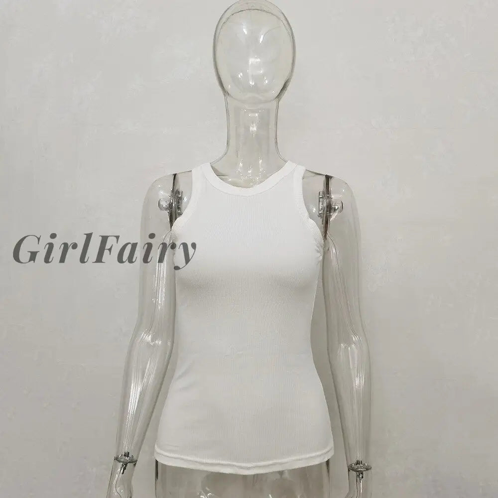 Girlfairy Cotton Knitted Women Tank Top Fashion Ribbed Casual Sleeveless Sports Gym Tee Streetwear