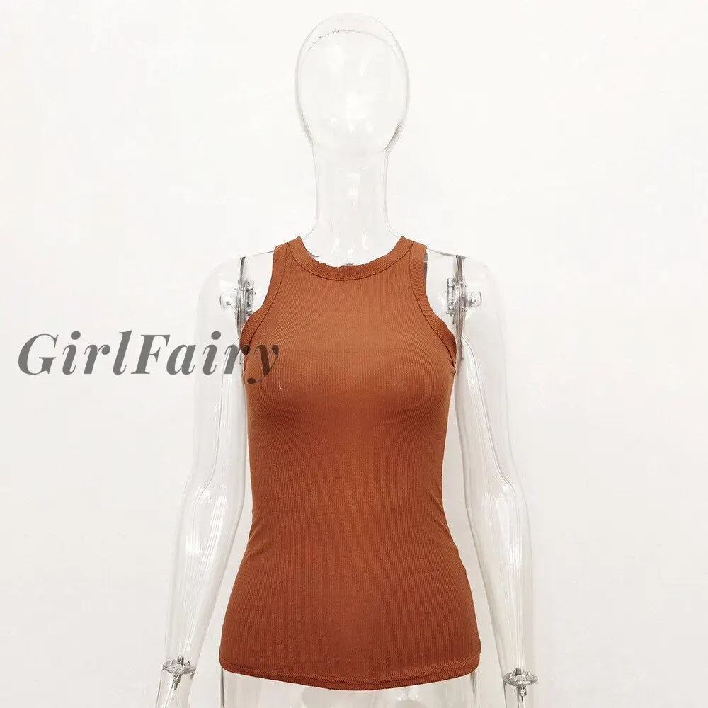 Girlfairy Cotton Knitted Women Tank Top Fashion Ribbed Casual Sleeveless Sports Gym Tee Streetwear
