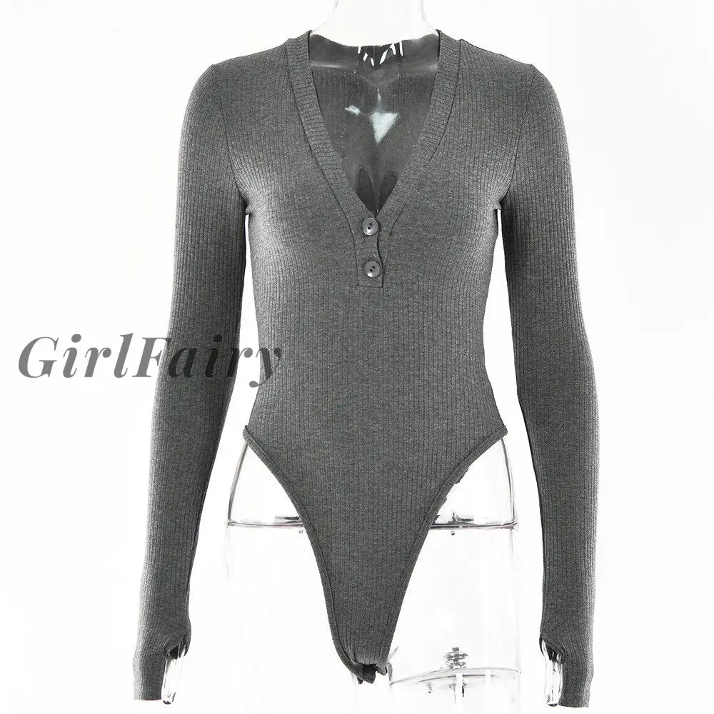 Girlfairy Cotton Sexy V Neck Bodysuit For Women Autumn High Waist Bodycon Basic Tops Bodys Top Long
