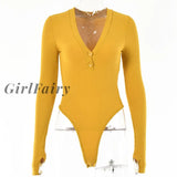 Girlfairy Cotton Sexy V Neck Bodysuit For Women Autumn High Waist Bodycon Basic Tops Bodys Top Long