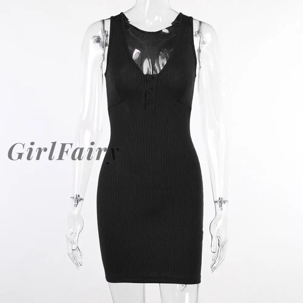 Girlfairy Cotton Sleeveless Summer Dresses Women V-Neck Button Mini Sexy Solid Color Basis Party