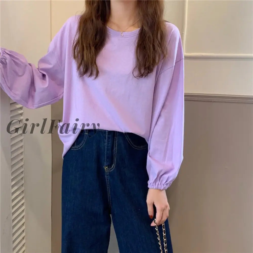 Girlfairy Cotton Woman Tshirts Vintage Long Sleeve Sexy V-Neck Harajuku Casual Basic Shirts Tops