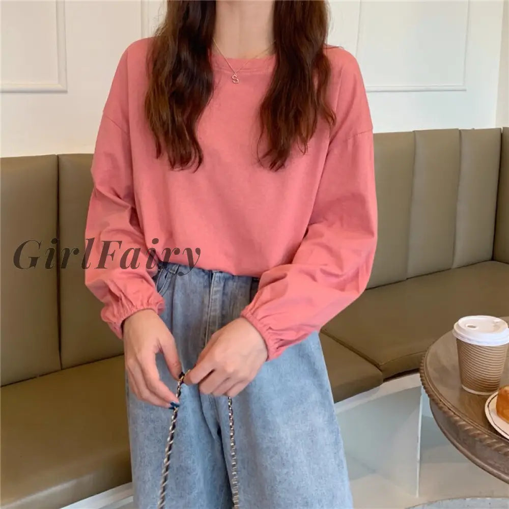 Girlfairy Cotton Woman Tshirts Vintage Long Sleeve Sexy V-Neck Harajuku Casual Basic Shirts Tops