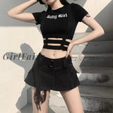 Girlfairy Crop Top Shirt Short Sleeve Corset Tank Fashion Bodycon Hem Irregular Hollow Out Summer