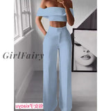 Girlfairy Crop Top Women Fashion Womens Two-Piece Top And Trousers Sets Outfits For Women Club Blue