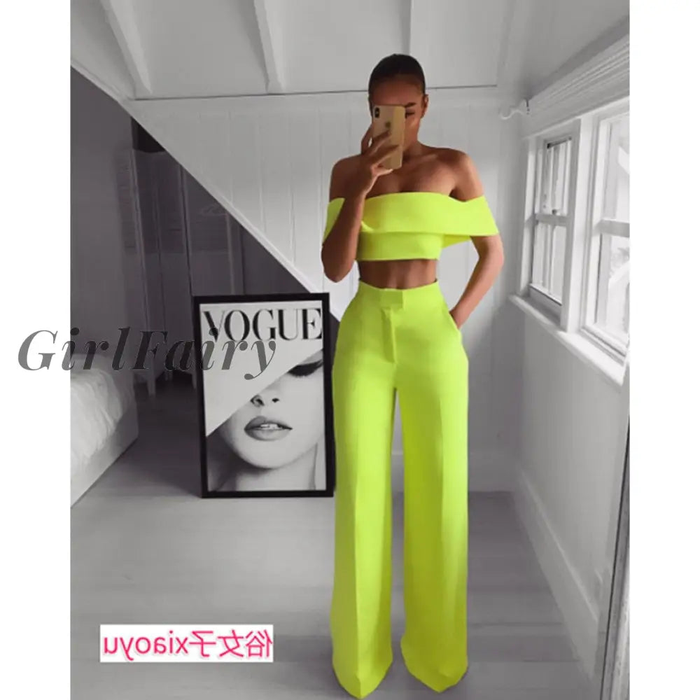 Girlfairy Crop Top Women Fashion Womens Two-Piece Top And Trousers Sets Outfits For Women Club Green