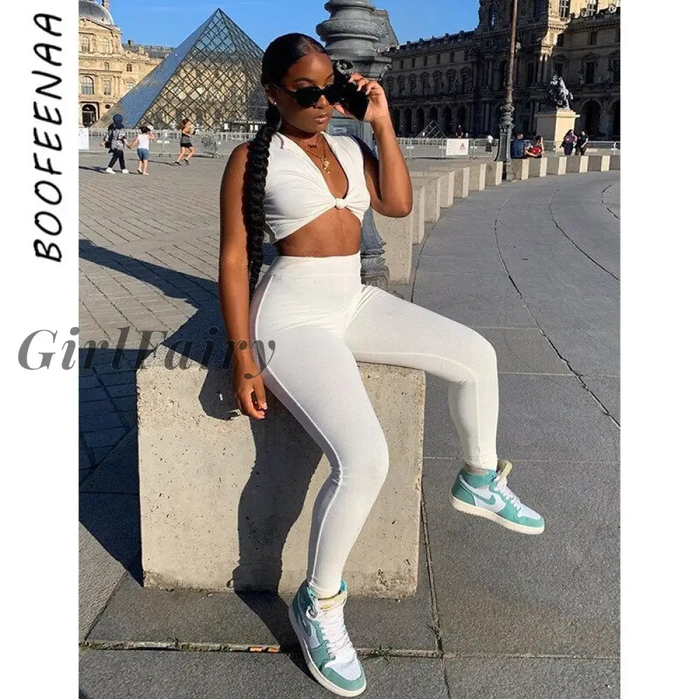 Girlfairy Cross Deep V Crop Top And Pants Leggings Two Piece Set Tracksuit  White Black Sports Fitness Outfits 2023 C87-CZ28