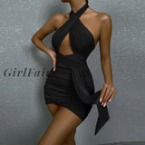 Girlfairy Cross Halter Neck Women Bodycon Dress Sexy Solid Color Sleeveless Pleated Ruched Mini