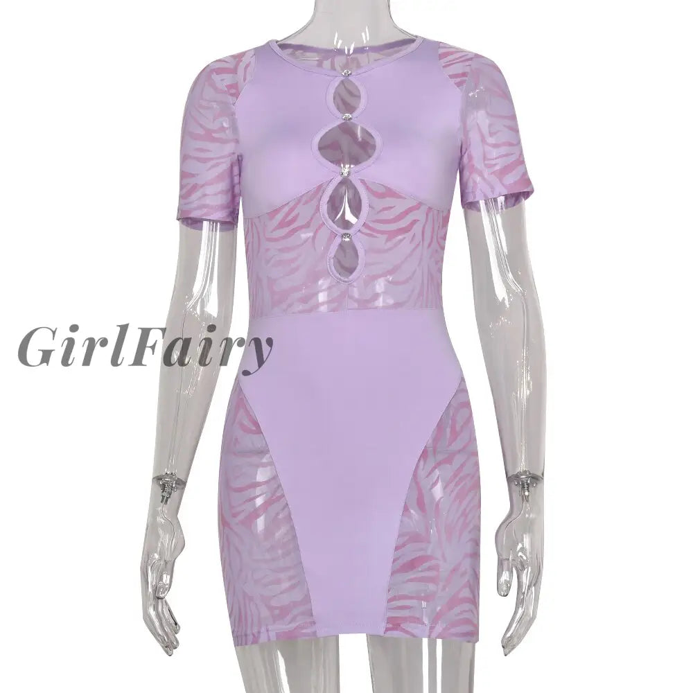 Girlfairy Cut Out Sexy Zebra Mesh Transparent Womens Mini Dress For Beach Holiday Club Party Prom