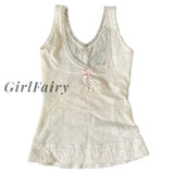 Girlfairy Cute Bow White Lace Trim Tank Tops Fairycore Grunge 2000S Retro Vest Y2K Square Collar