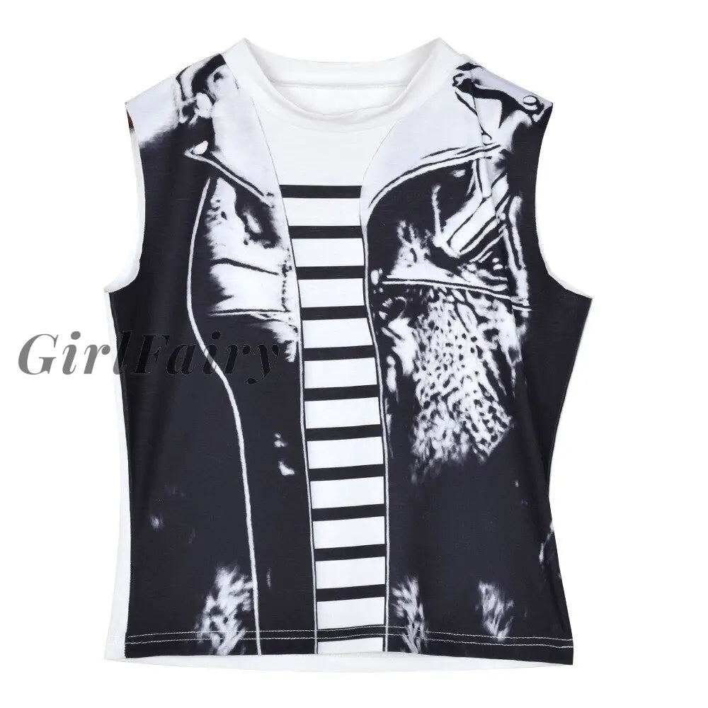 Girlfairy Cyber Y2K Graphic T Shirts Black Fashion Sexy Sleeveless Crop Top Going Out Tops Women