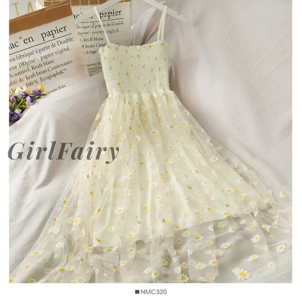 Girlfairy Daisy Mesh Yarn Spaghetti Strap Dress Women New Summer French Style Pleated Slim Wasit