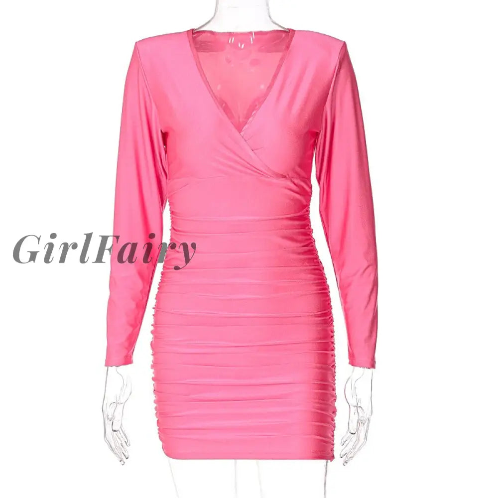 Girlfairy Deep V-Neck Elegant Long Sleeve Mini Dress For Women Autumn Rose Red Bodycon Dresses