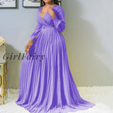 Girlfairy Deep V Neck Long Dress High Waist Party Dresses Sleeve Vintage Plus Size Elegant Pleated