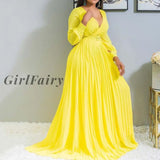 Girlfairy Deep V Neck Long Dress High Waist Party Dresses Sleeve Vintage Plus Size Elegant Pleated
