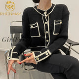 Girlfairy Designers Tops For Women Korean Fashion Autumn Winter Clothes O-Neck Long Sleeve Pockets