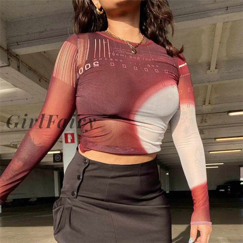 Girlfairy Digital Printed Sheer Mesh Graphic T Shirts 2000S Aesthetic Clothes For Women Sexy Long