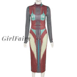 Girlfairy Dot Tie Dye Skinny Long Dress For Women Bodycon Sleeve Aesthetic Print Turtleneck Maxi