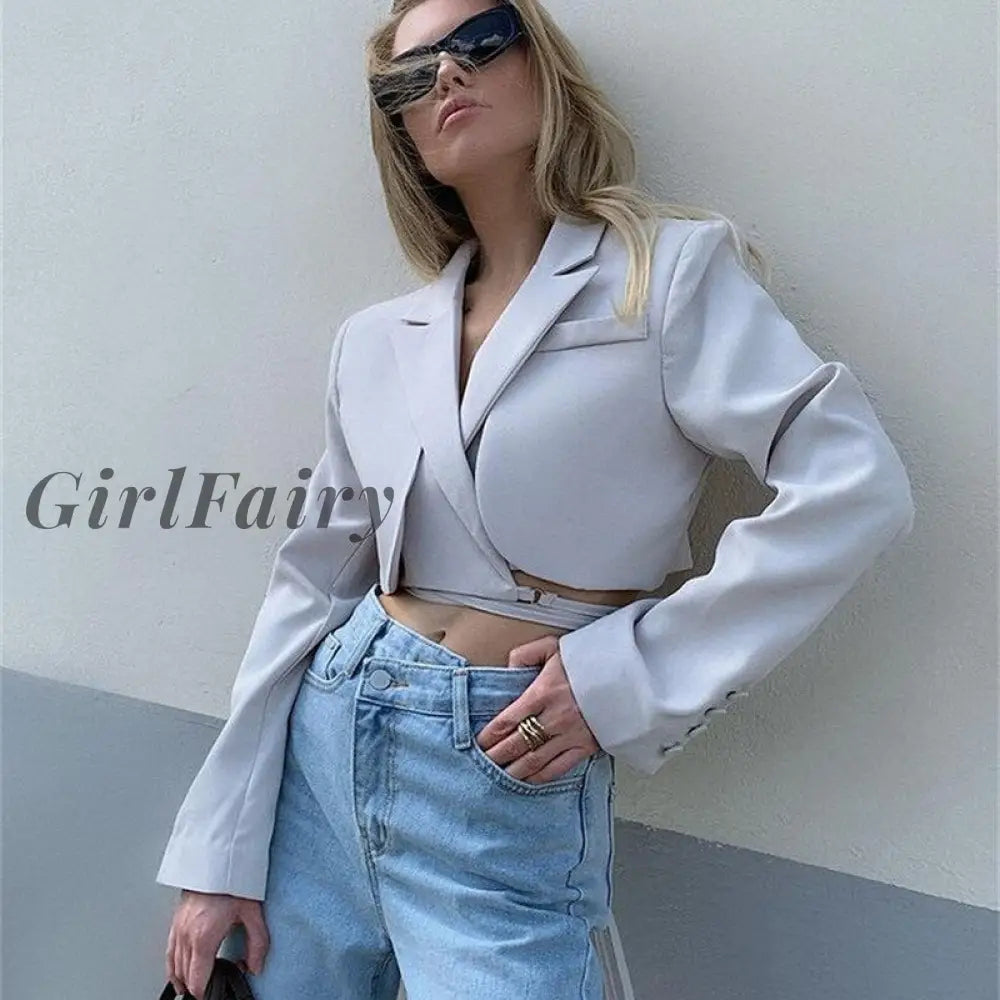 Girlfairy Double Layer Lace Up Coat Blazer Slim Women Gray Long Sleeve Pocket Short Jacket Suit