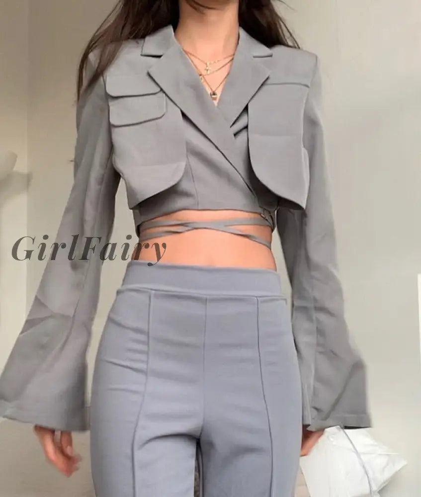 Girlfairy Double Layer Lace Up Coat Blazer Slim Women Gray Long Sleeve Pocket Short Jacket Suit