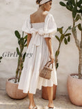 Girlfairy Dress 2023 Women Summer Dresses Ruffle Square Neck Puff Sleeve Bow Midi Bohemian Beach