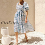 Girlfairy Dress 2023 Women Summer Dresses Ruffle Square Neck Puff Sleeve Bow Midi Bohemian Beach