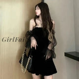 Girlfairy Dress Devil Girl Original Black 2023 Spring And Autumn Sexy High Waist Viper Shoulder Long