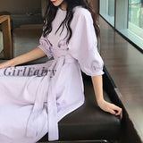 Girlfairy Dress For Women Half Sleeve Korean Elegant Fashion 2023 Dresses Mid-Calf Casual Solid