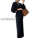 Girlfairy Dress Japanese Style Autumn New Solid Color Long Sleeve Round Neck Cross High Waist