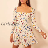 Girlfairy Dress Woman 2023 Spring Summer Painted Print Vintage Square Neck Long Sleeve Fit And Flare