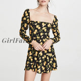 Girlfairy Dress Woman 2023 Spring Summer Painted Print Vintage Square Neck Long Sleeve Fit And Flare