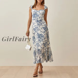 Girlfairy Dresses For Women 2023 Elegant Vintage Floral Dress Frill Sweetheart Neck Sleeveless Strap