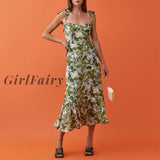 Girlfairy Dresses For Women 2023 Party Elegant Ruffle Hem Beach Summer Dress Sweetheart Neck Tie Strap Tropical Print Chiffon Midi Dress