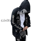 Girlfairy E-Girl Dark Academia Grunge Zip Up Sweatshirt Punk Style Gothic Rhinestone Skull Spider