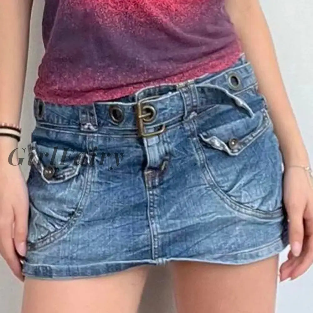 Girlfairy E-girl Low Waist Pockets Mini Skirt 00s Retro Cutest Denim P