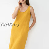 Girlfairy Elegant 100% Cotton Womens Dresses Casual Sleeveless Black White Yellow Dress Midi Robe