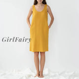 Girlfairy Elegant 100% Cotton Womens Dresses Casual Sleeveless Black White Yellow Dress Midi Robe